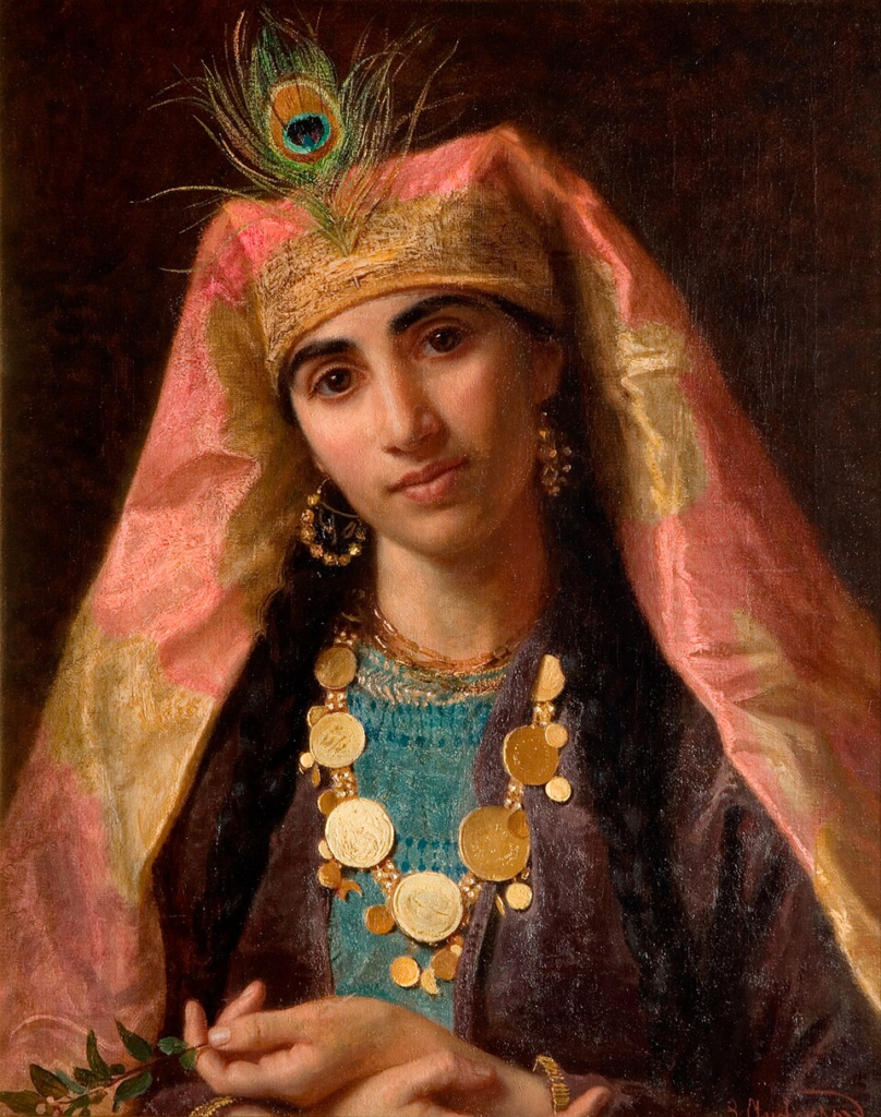 Scheherazade, wie Sophie Gengembre Anderson sie portraitiert hat (in prachtvoller Kleidung, mit Goldkette, Ohrringen etc.), Public domain, via Wikimedia Commons