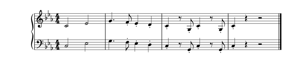 Notenbeispiel zum dritten Klavierkonzert von Beethoven, die ersten vier Takte in zwei Systemen. 
