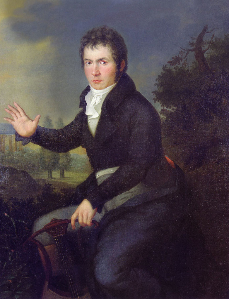 Seitenansicht von Ludwig van Beethoven, der Blick geht frontal zum Betrachter, die rechte Hand ist bis auf Brusthöhe erhoben, die linke hält zwischen den Knien eine Lyra (?)