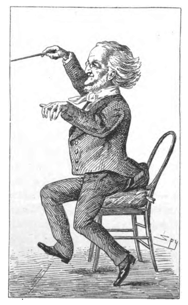 Karikatur von Richard Wagner, wie er dirigierend auf einem gepolsterten Stuhl sitzt. 